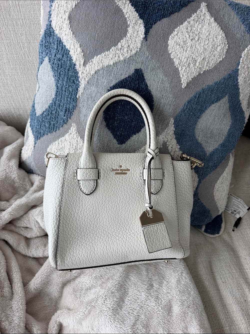 kate spade White Pebbled Leather Mini Satchel with Luggage Tag